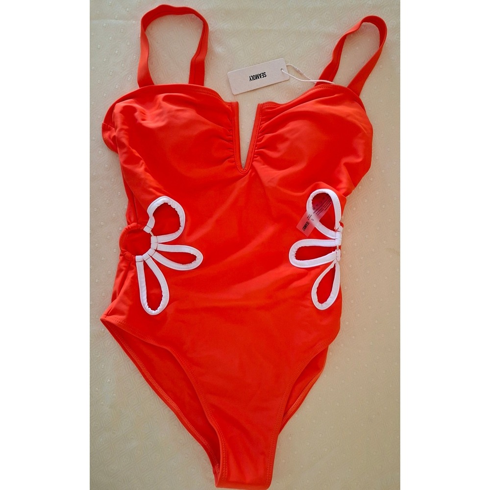Seamoly Swimsuit Size S NEW One Piece Swimsuit Coral Red Cutout Floral Swimwear - Picture 2 of 4